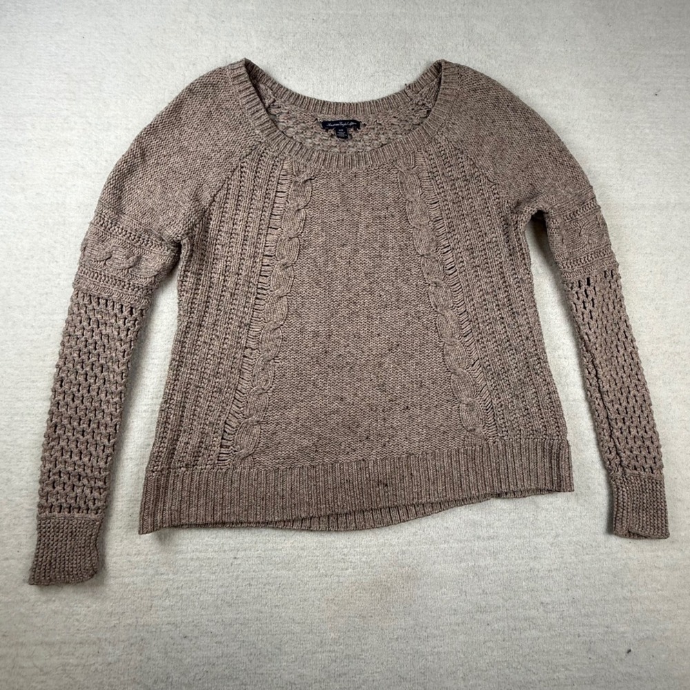 American Eagle Taupe Cable Knit Open Weave Wool blend Sweater Med Earthy